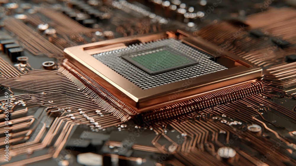 Poster close-up of computer processor on motherboard with intricate circuit board design and copper detaili