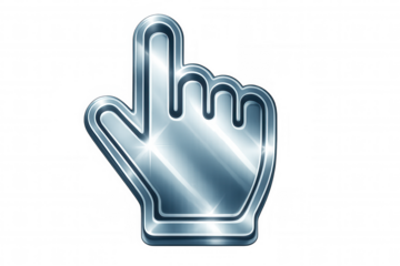 Shiny metallic hand cursor pointing on a transparent background, perfect for web design and user interface projects