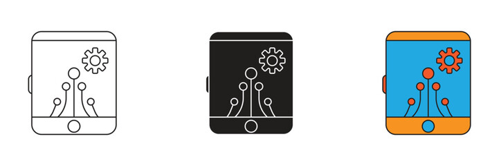 Smartphone with internal gears and a robot icon. Represents mobile app development, automation, or smart technology. Ideal for AI and robotics.