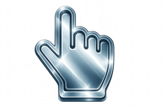 Shiny metallic hand cursor pointing on a transparent background, perfect for web design and user interface projects