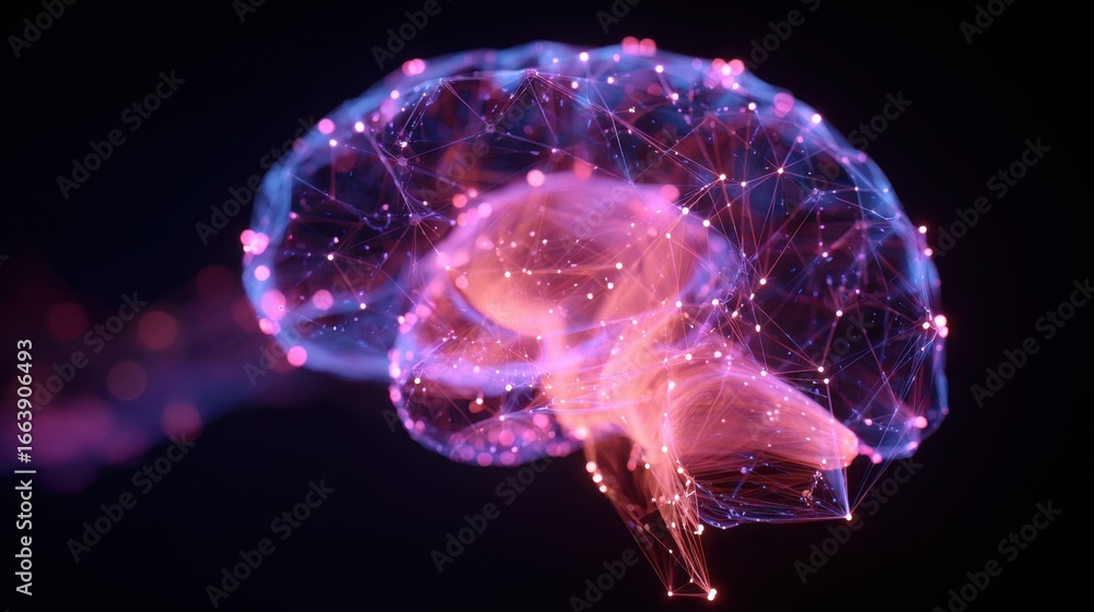 Poster futuristic abstract representation of neural pathways and connections in human brain with neon color