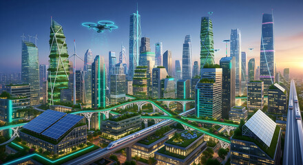 Dynamic futuristic city with sustainable architecture, solar panels, and drone transport, showcasing innovation and green energy in a modern urban landscape