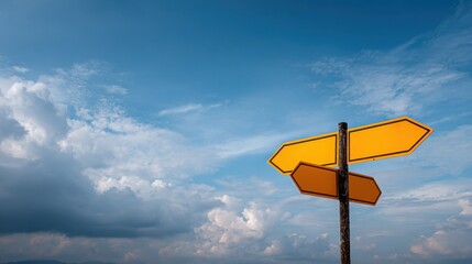 Blank Directional Signpost Against a Bright Blue Sky with Fluffy Clouds Capturing the Essence of Choice and Navigation