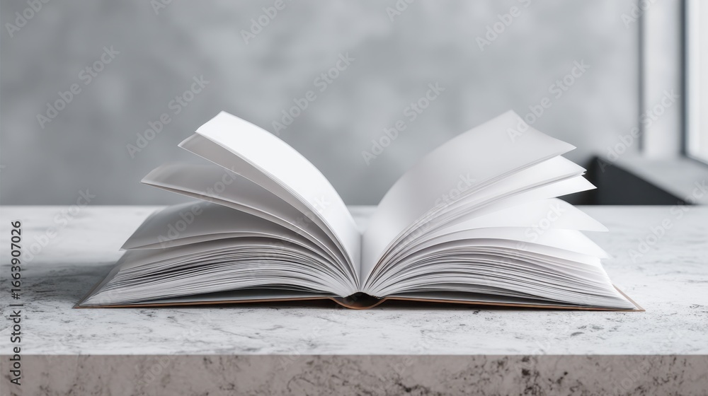 Poster open blank book on marble table with natural light, showcasing empty pages and minimalistic backgrou