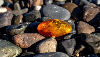 A vibrant amber gemstone rests amongst a collection of varied stones on a beach.