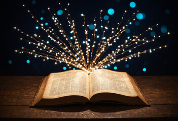 open antique book on the table with magic lights, glitter blurred overlay, dark background