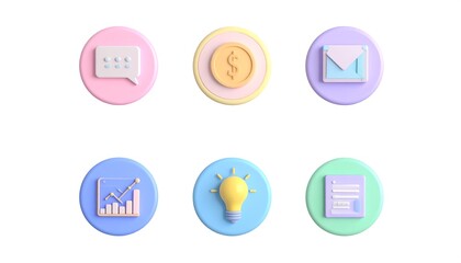 Set of Six 3D Rendered Pastel Colored Circular Icons for Business and Communication.