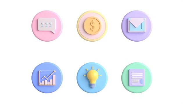 Set of Six 3D Rendered Pastel Colored Circular Icons for Business and Communication.