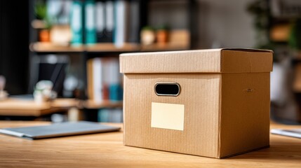 Cardboard storage box on wooden desk in modern office environment for organization and storage solutions