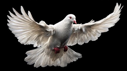 A white dove, wings spread in flight, against a stark black background, showcasing its feathers