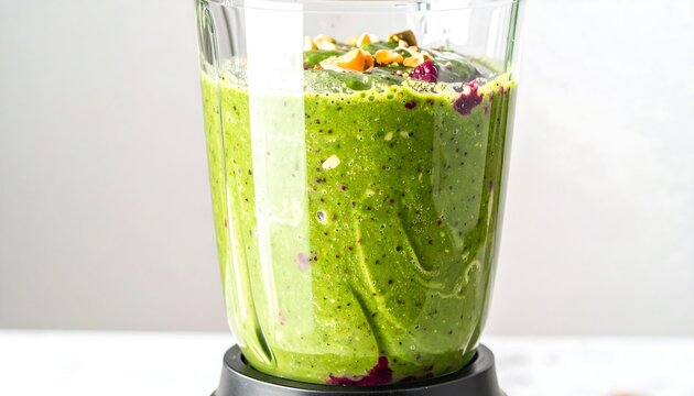 Vibrant green smoothie, rich in nutrients, blended in a clear glass appliance, highlights healthy eating.