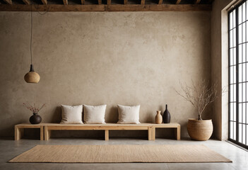 Photo Warm neutral wabi sabi style interior mockup, Japanese minimalistic style
