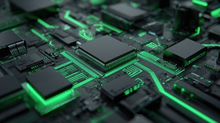 Fototapeta premium Abstract Close-Up of Circuit Board with Green Light Effects Illustrating Technology and Innovation in Modern Electronics