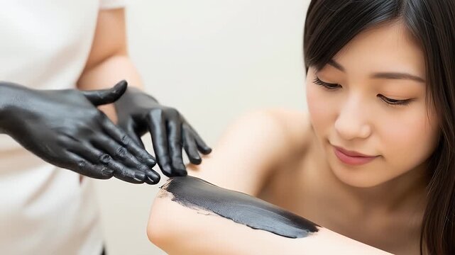 Brunette Woman Receiving a Dark Mud Wrap Treatment on Her Arm for Wellness and Beauty Therapy in White Background for Spa and Relaxation with Black Mud and Gloved Hands and Beautician