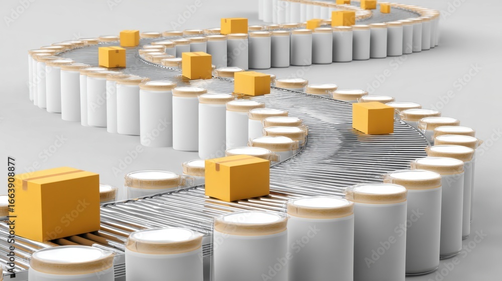 Poster dynamic conveyor belt system with yellow boxes and white containers for manufacturing and distributi