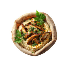 Delicious Hummus with Shawarma in Pita Bread Bowl - Overhead Shot