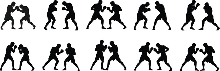 Boxing silhouettes, fighter stances, combat sport, martial arts, sparring action, punching technique, athletic training, competitive match, sports illustration, black and white vector