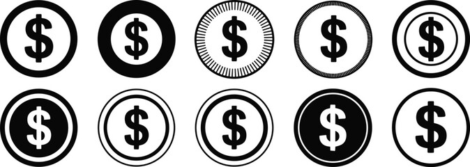 Dollar sign icons, financial vector illustration, currency symbol set, money graphic elements, banking and finance design, economic icon collection, wealth and investment symbols