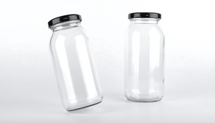 Two clear glass bottles with black lids are displayed against a bright white background.