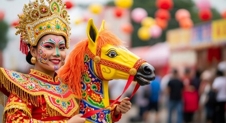 Obraz premium Woman with ornate costume and face paint holds a decorative horse. Chinese New Year celebration with fire red horse zodiac sign for 2026.