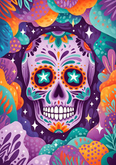 Obraz premium Psychedelic sugar skull wall art with vibrant floral patterns, glowing stars and colorful Day of the Dead inspired design