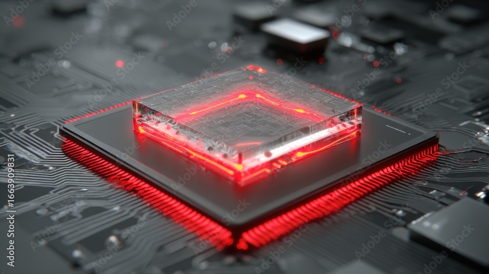 Poster close-up view of a futuristic microchip on a circuit board with red glow and high-tech background