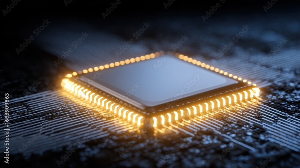Poster close-up view of a modern microchip with glowing lights on a circuit board background