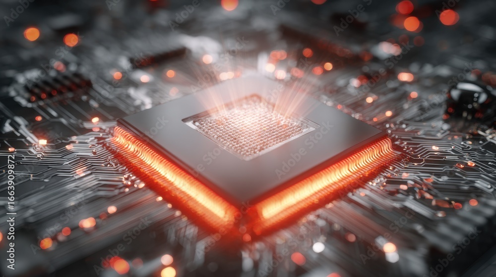 Poster close-up of a modern microprocessor on a high-tech circuit board with glowing elements and detailed 