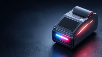Modern compact printer device with glowing light accents and sleek design on a dark background