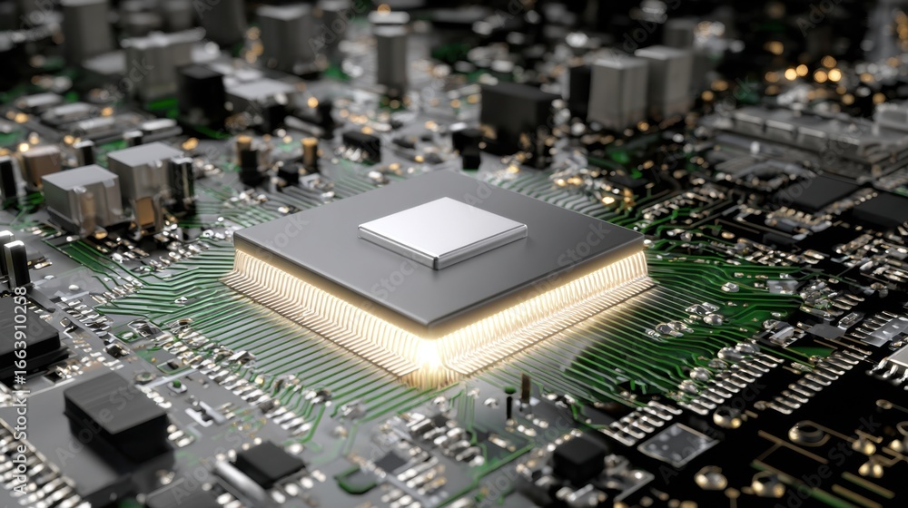 Aufkleber close-up view of a central processing unit on a circuit board with electronic components and modern 