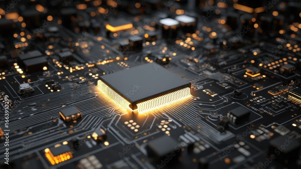 Poster close-up view of a circuit board featuring a central microprocessor with glowing elements