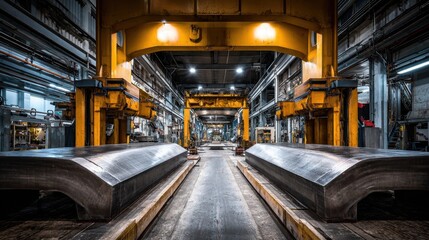 Fototapeta premium Industrial Manufacturing Facility Interior with Heavy Machinery and Steel Components in a High-Tech Environment