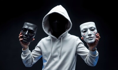Persona and Facade: A cloaked figure embodies duality, holding up masks that reveal the layers of identity.