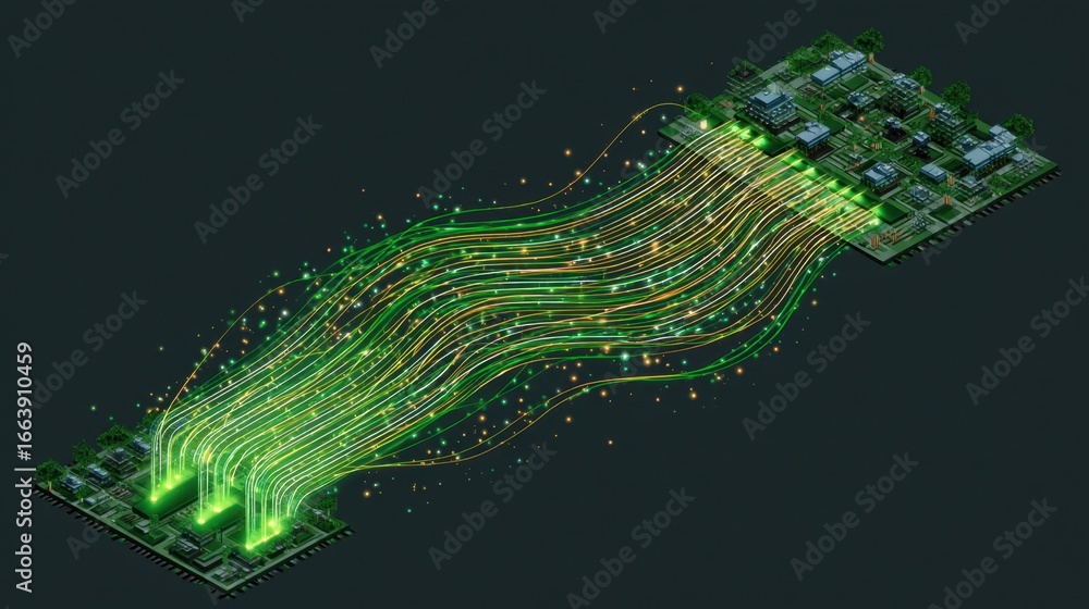 Poster green electric circuits and data flow in technology, digital background with glowing lines and circu