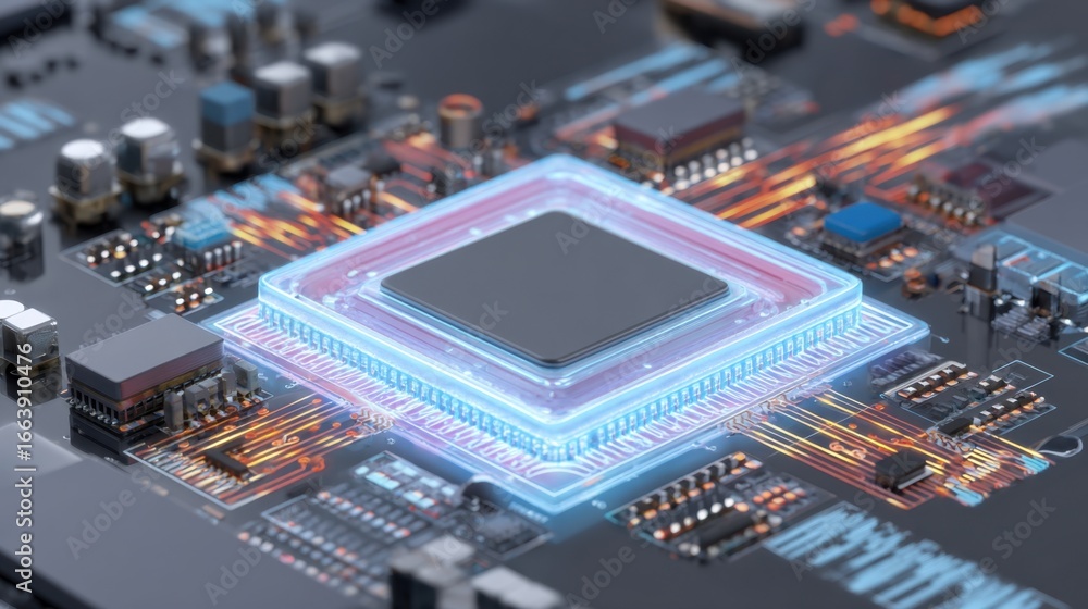 Poster close-up view of a modern microprocessor with digital circuitry and glowing effects in a high-tech e