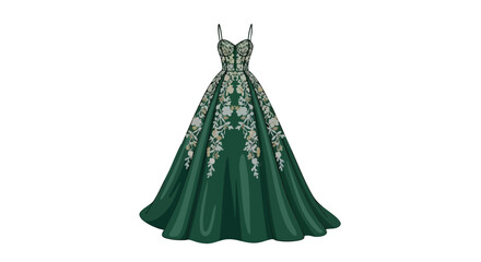 Elegant emerald gown with flowing skirt and intricate floral embellishments for formal events designed with unique vector graphics