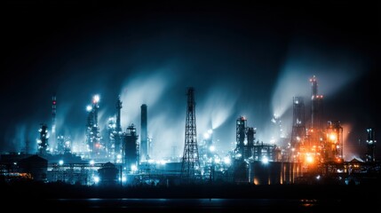 Industrial Complex at Night with Illuminated Machinery and Steam Emissions in Urban Setting