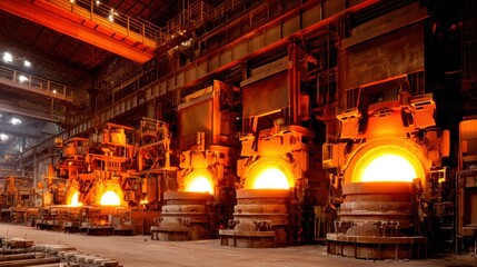 Obraz premium Industrial Metal Foundry with Hot Molten Steel in Large Equipment at Night Shift for Manufacturing Processes