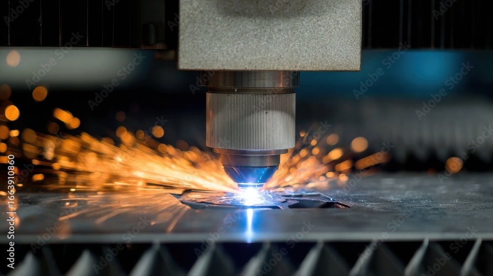 Poster precision laser cutting process creating sparks with focused light beam in industrial setting