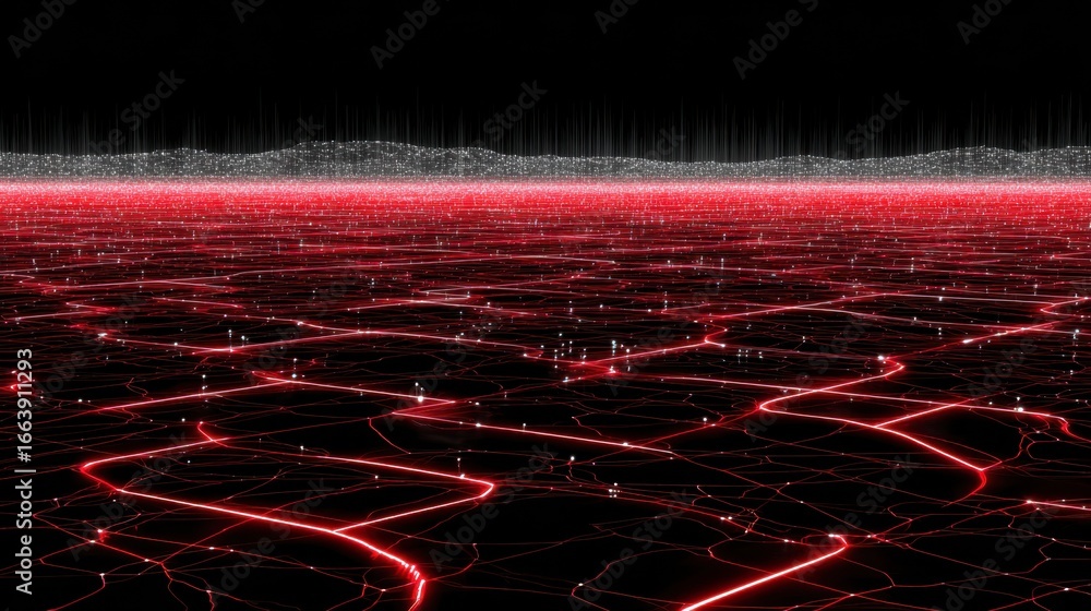 Poster abstract digital landscape with glowing red lines and shimmering particles on a dark background