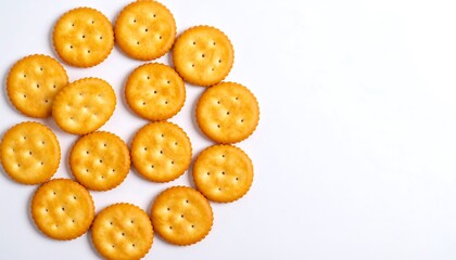 Fototapeta premium A circular arrangement of crispy crackers against a plain white background.