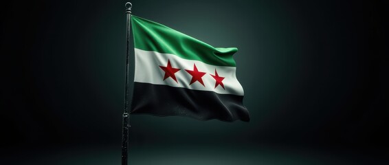 New Syrian Flag: The Syrian flag waves proudly against a dark backdrop, its vibrant colors and symbols representing the nation's identity and heritage. 