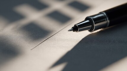 Fototapeta premium Close-Up of a Silver Ballpoint Pen on White Paper with Soft Shadows and Light Patterns