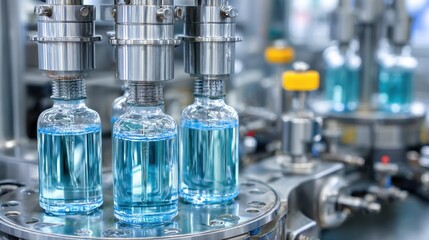 Industrial Bottling Process for Clear Liquid in Modern Factory with Precision Machinery and Automation