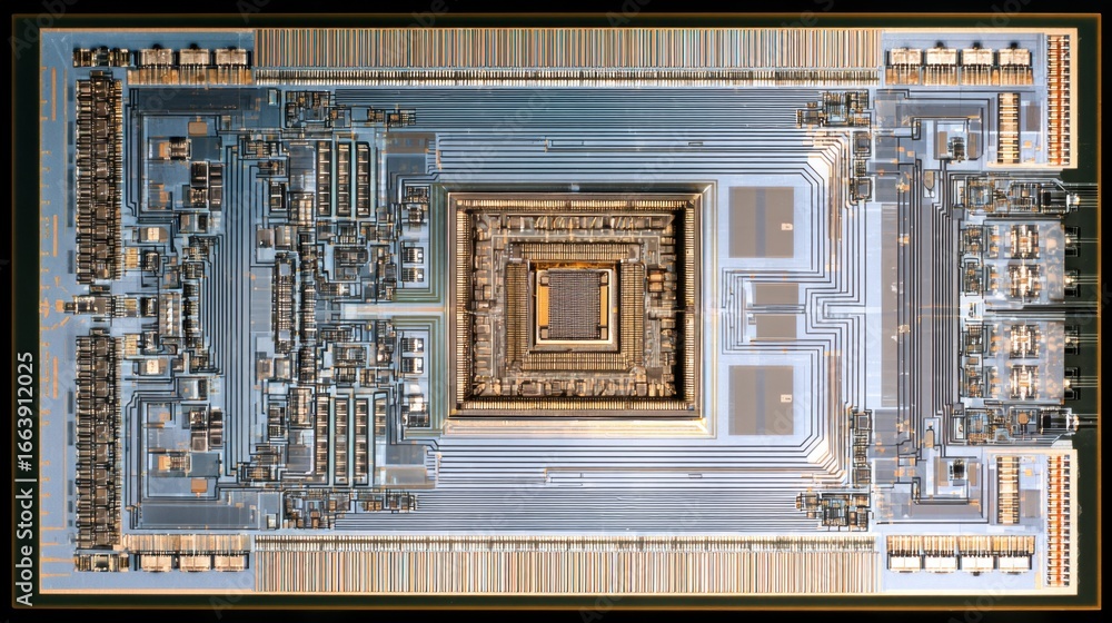 Poster detailed close-up of complex microchip circuit design with intricate patterns and structures in high