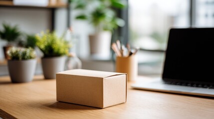 Brown cardboard box on a wooden desk with a laptop and houseplants in a bright, modern office space