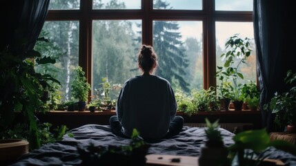 person in the room half dark sitting on the bed facing a closed window. outside in the sunny morning blue sky cinematic movie