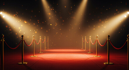 A red carpet with golden stanchions and red ropes under bright spotlights with bokeh effect in the air
