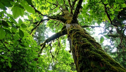Fototapeta premium Lush green forest canopy, showcasing a moss-covered tree trunk reaching towards the sky.