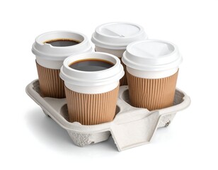 Four coffee cups in a cardboard holder